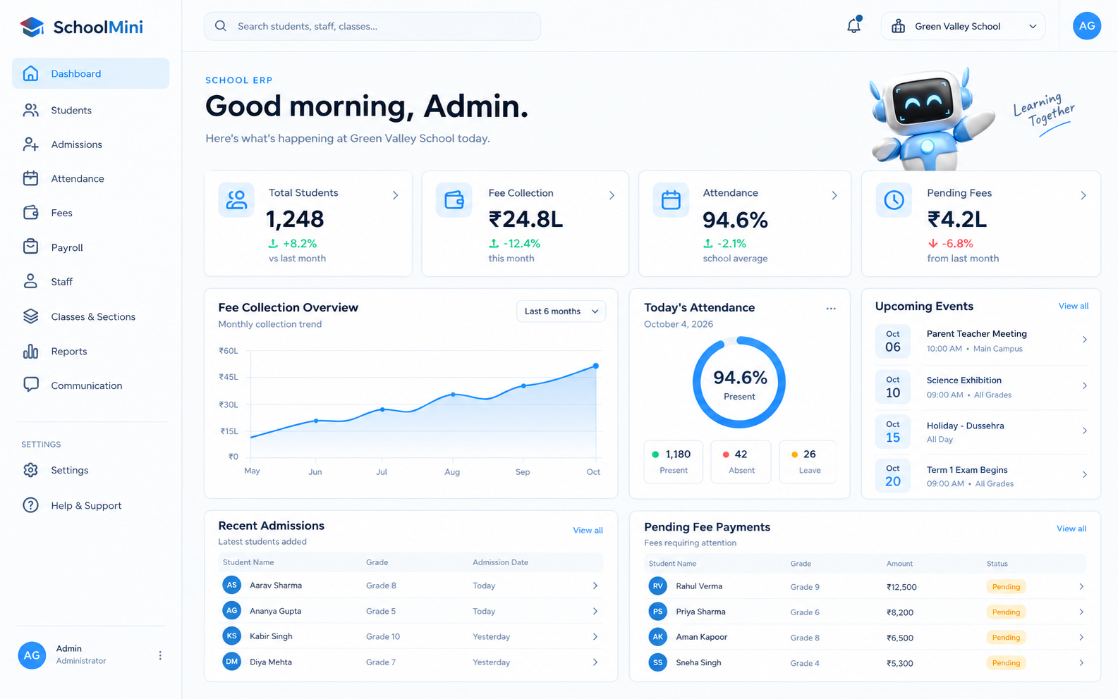 Schoolmini Dashboard (Light Mode)