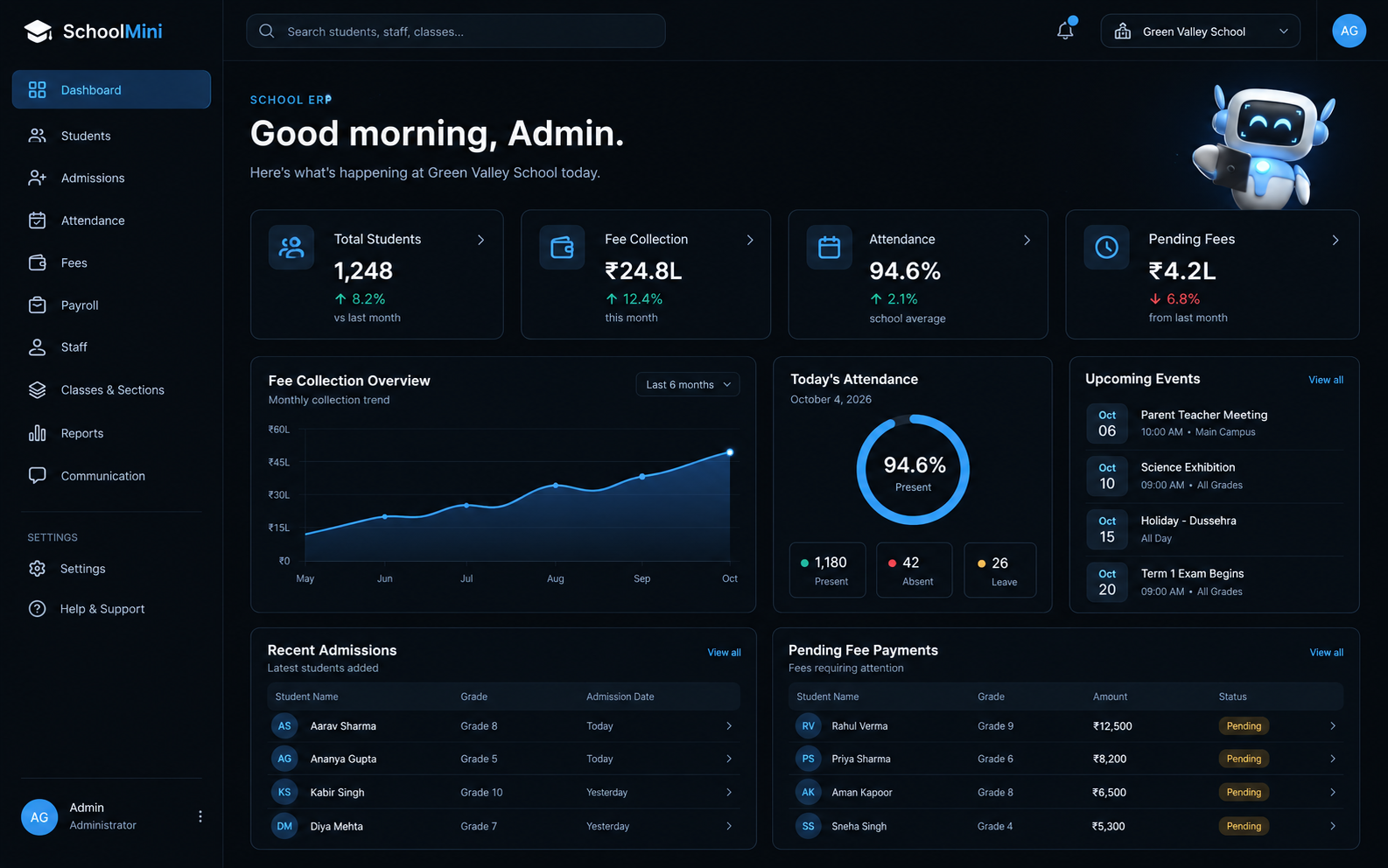 Schoolmini Dashboard (Dark Mode)